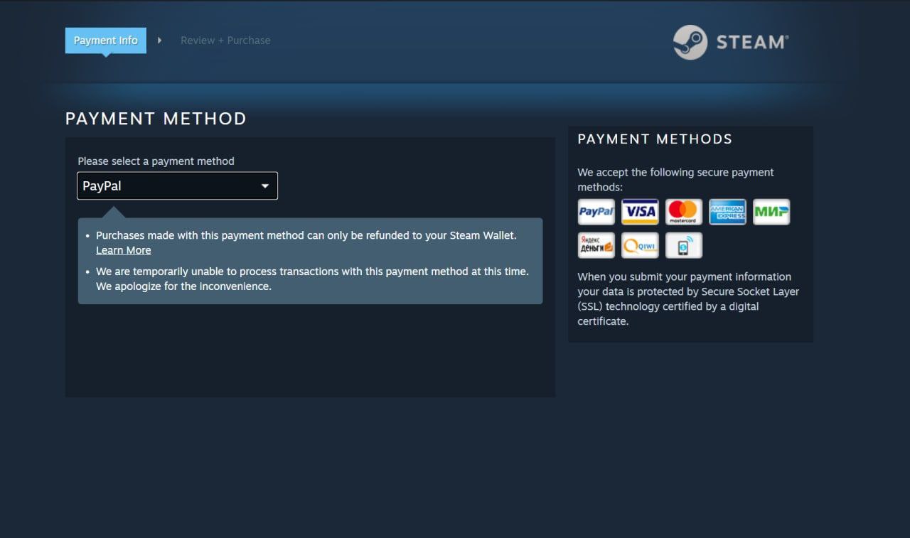 俄罗斯Steam区域支付功能被禁用
