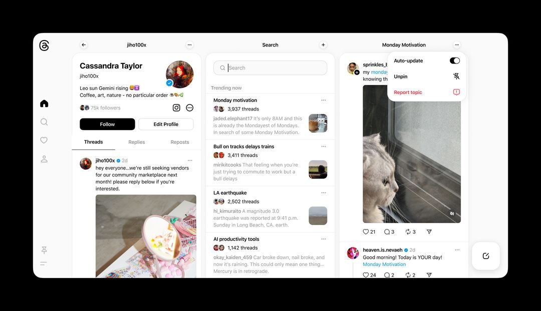 Threads 开始测试类似 TweetDeck 的实时信息流体验