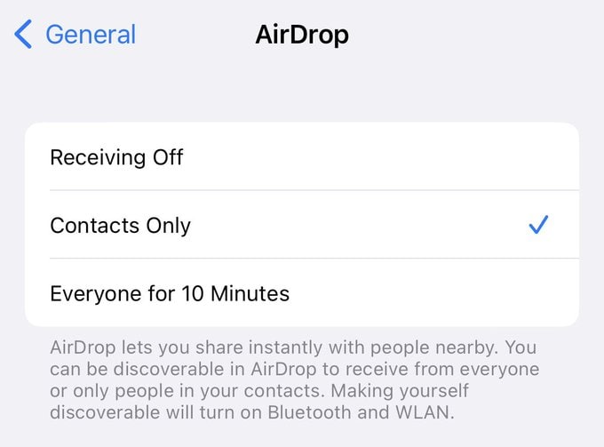 苹果iOS 16.2测试版中移除了对所有人AirDrop的选项