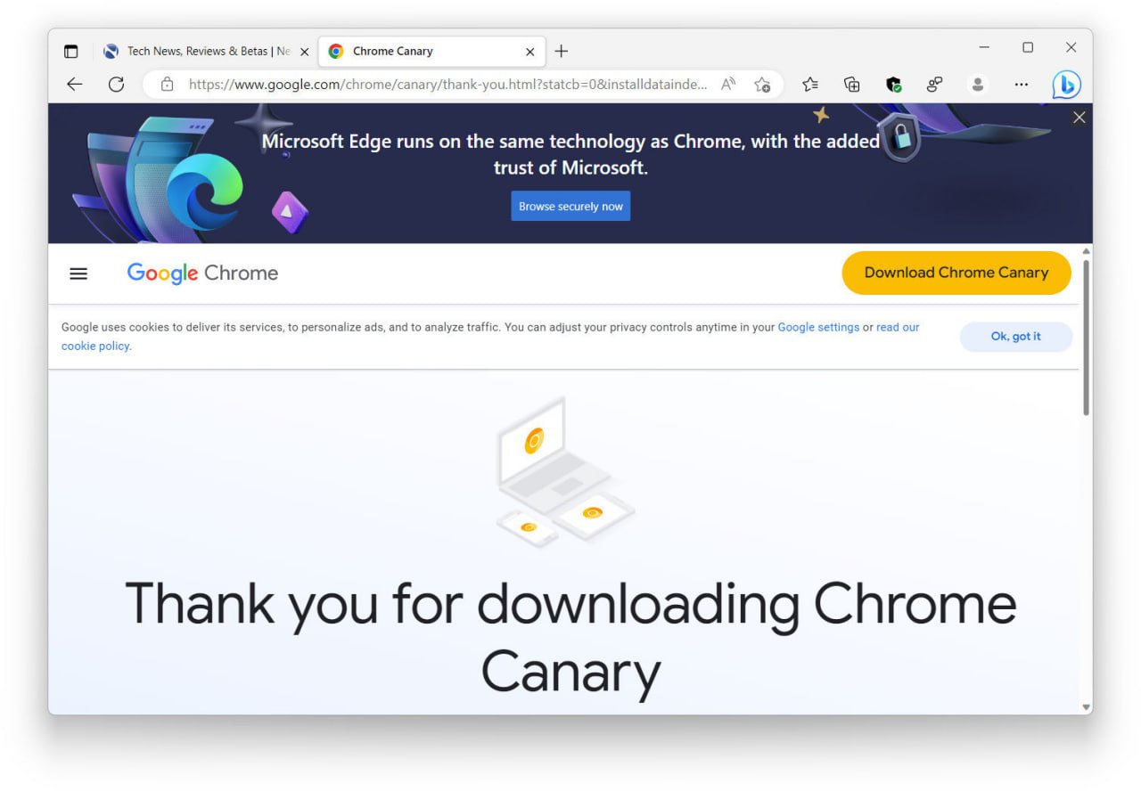 Microsoft Edge Canary 浏览器注入 Chrome下载页面大幅广告